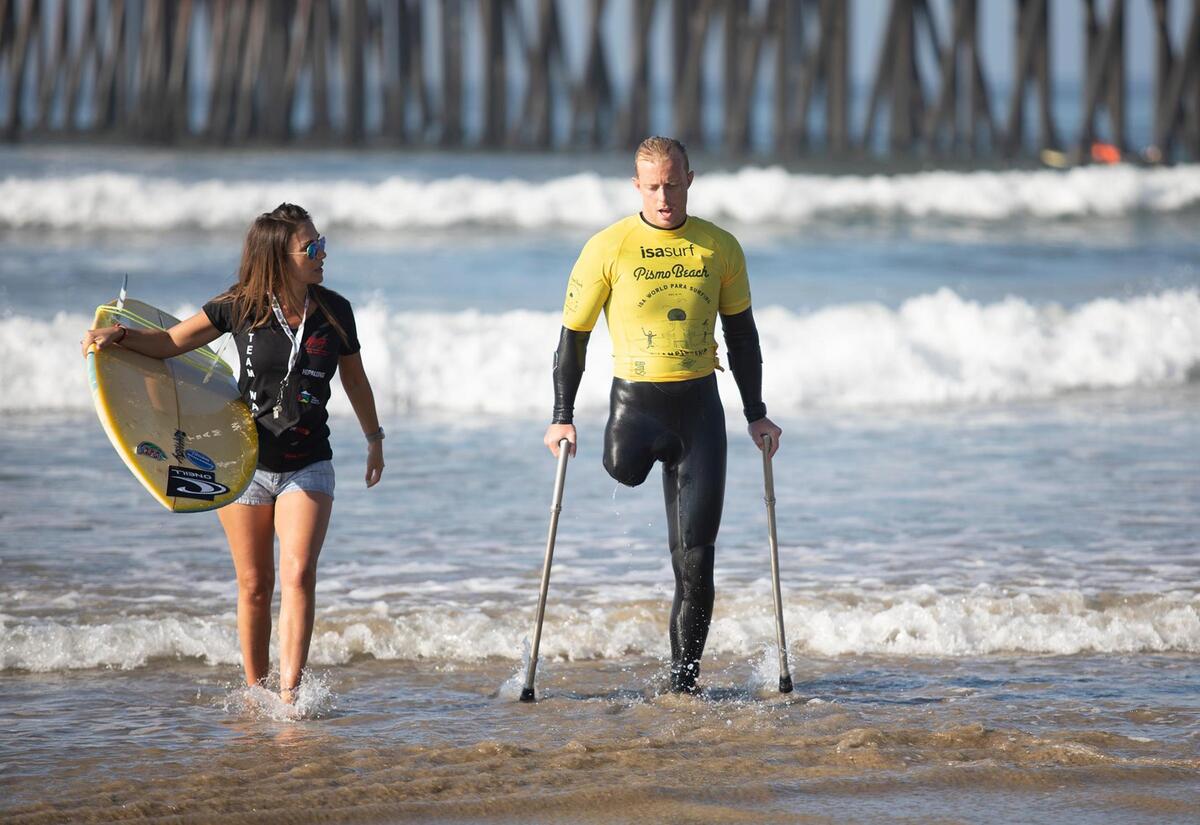 Llewelyn Williams of Wales just finished the second heat of the kneel competition. The world’s largest para surfing competition takes place in Pismo Beach through Dec. 11, 2021.