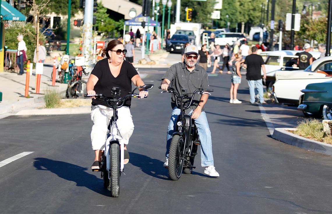 People enjoy a block party after a ribbon-cutting ceremony held Friday, June 27, 2025. Atascadero, California, completed its downtown makeover on El Camino Real with new parking, lights and greenery.