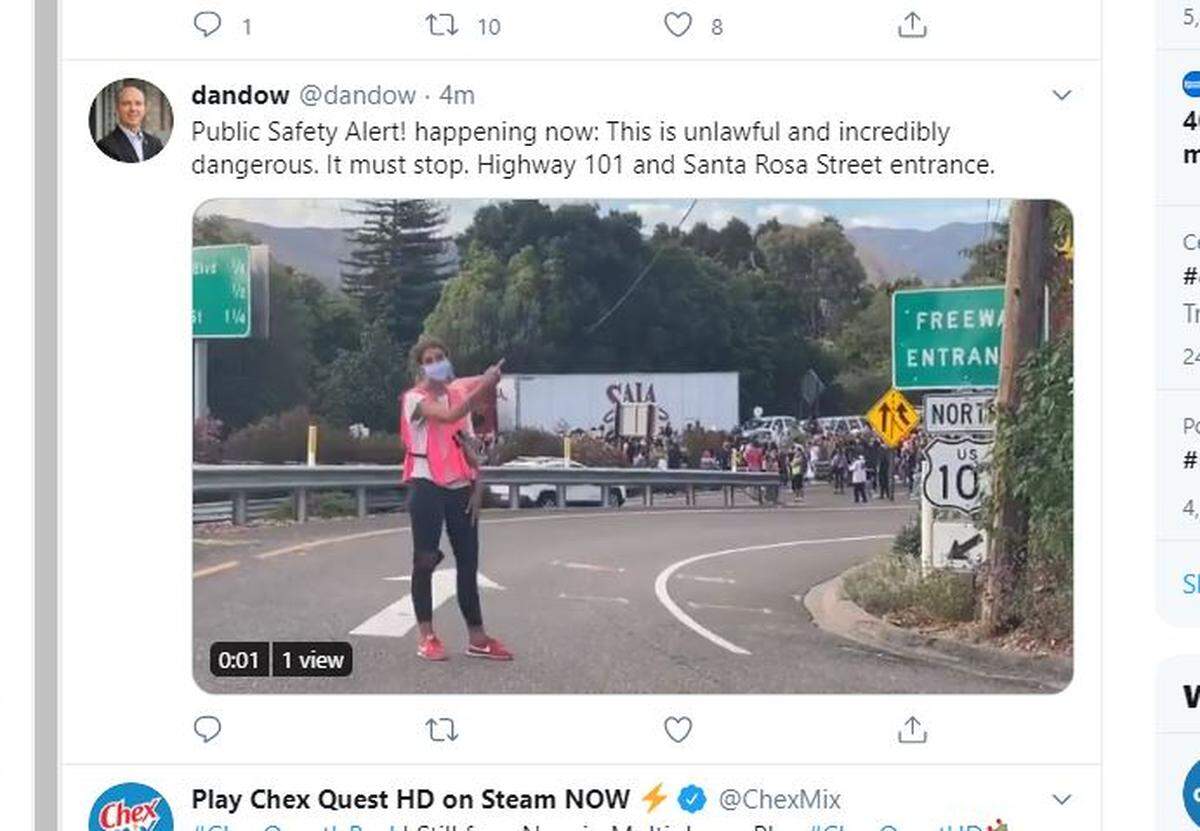 A tweet by San Luis Obispo County District Attorney Dan Dow shows protesters blocking Highway 101 in San Luis Obispo during a July 21, 2020, protest against police brutality and systematic raciscm.
