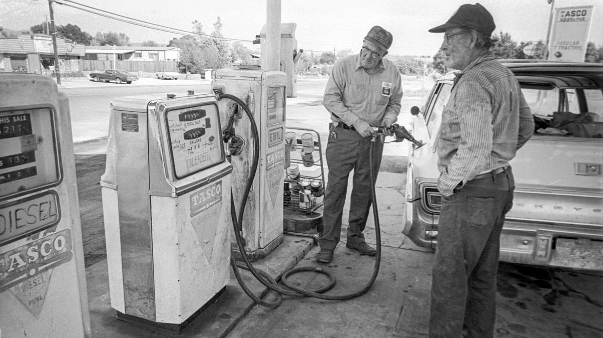 Chuck Harrington fills up the tank for Joe Conway. Harrington spent 25 years at Tasco, an independent service station that sold gas, diesel and stove oil in Atascadero, as seen Aug. 9, 1979. The name was derived from its home town.