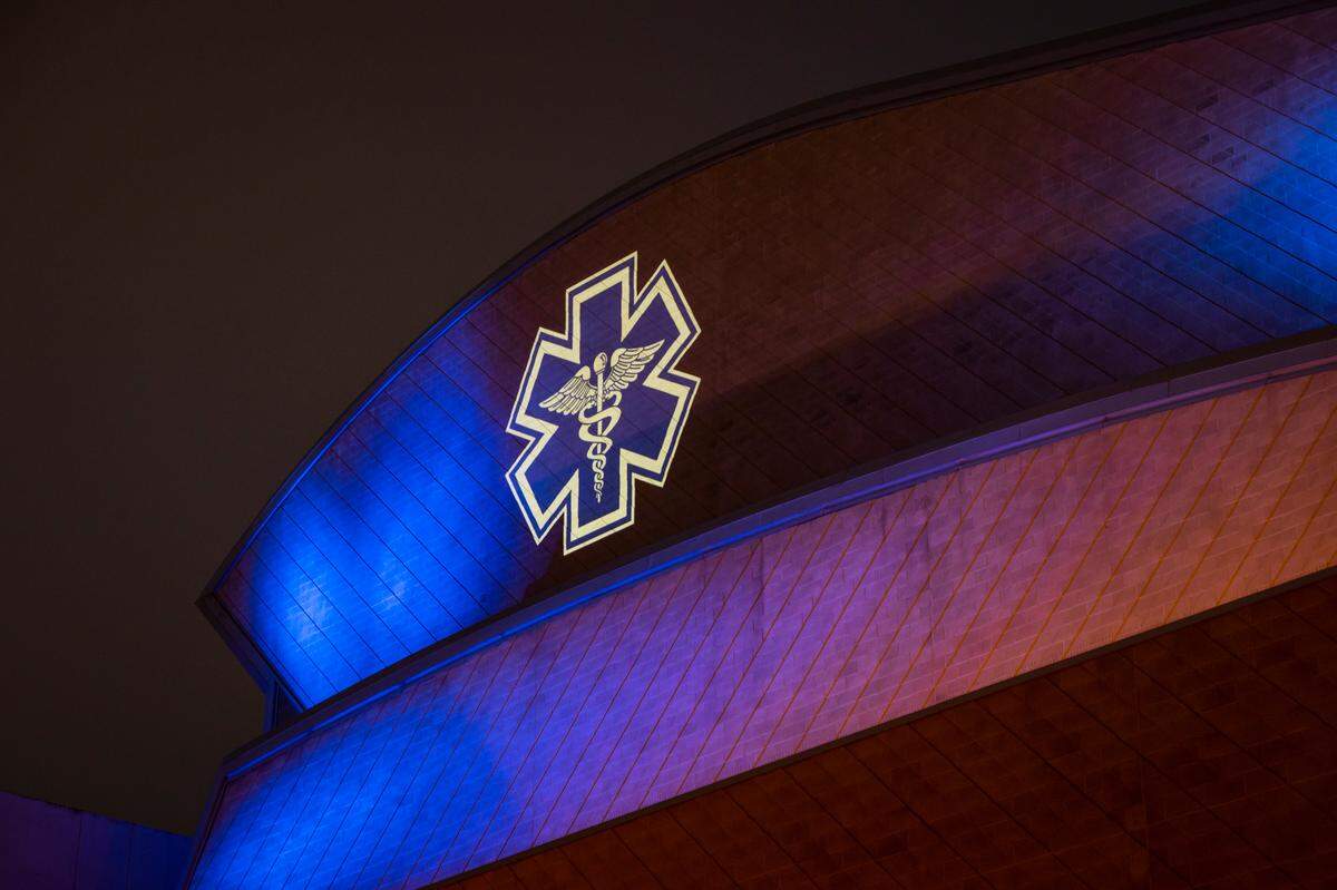 Cal Poly’s Grand Avenue entrance, the Performing Arts Center and the Alternate Care Site at the Recreation Center have been illuminated with blue light to recognize and thank all health care workers who have been providing support, guidance and care for those affected by the COVID-19 pandemic. The Cal Poly “P” also has been painted blue.