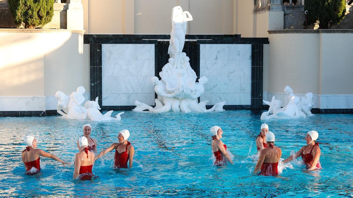 The Aquabatix synchronized swimming group performs in Hearst Castle’s Neptune Pool in October as part of a gala celebration to mark the reopening of the famous pool.
