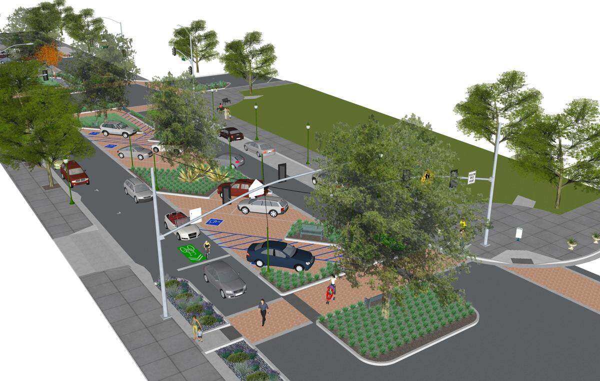 A rendering shows how El Camino Real will be reduced to two lanes of traffic with a median for angled parking and landscaping.