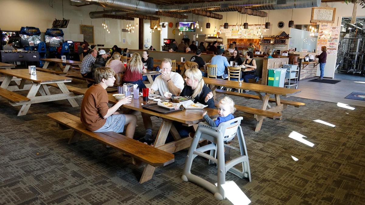 The large, family-friendly dining room at Wild Field Brewhouse in Atascadero is bright and inviting.