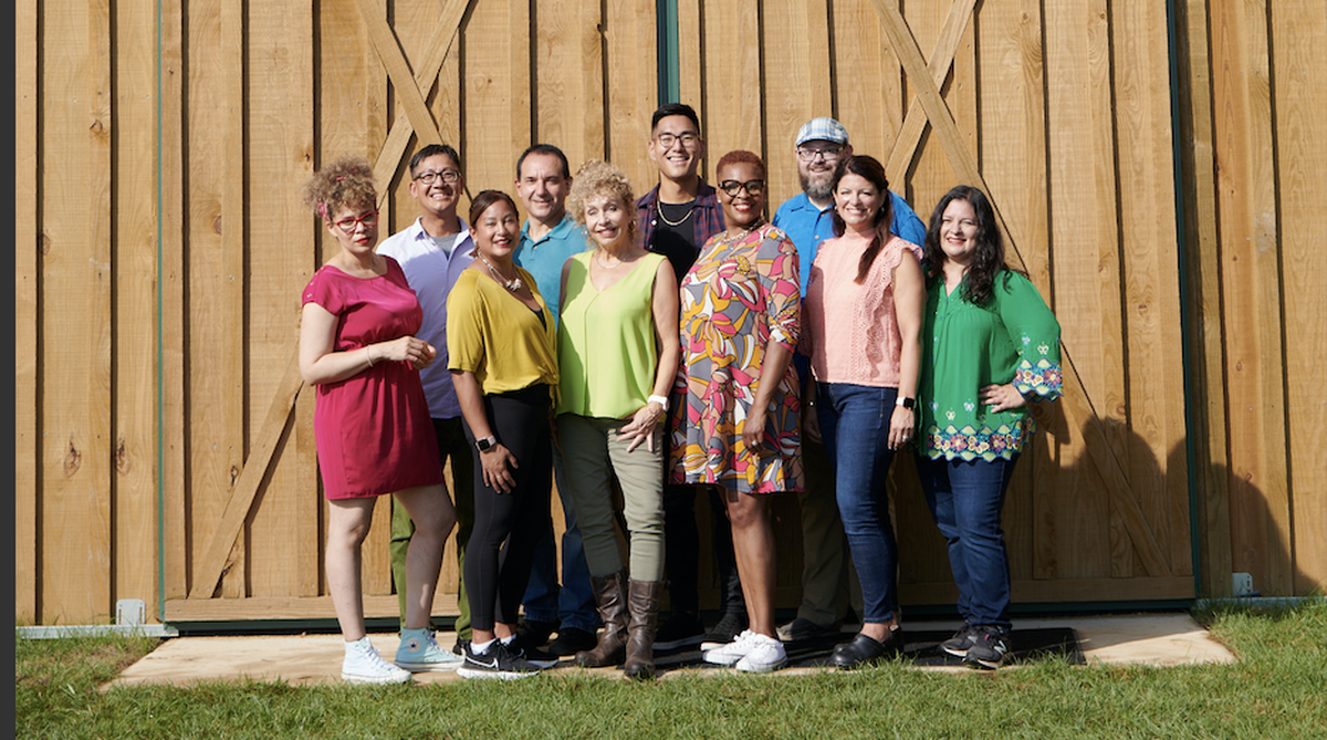 Morro Bay resident Silvia Martinez, far right in green shirt, poses for a picture with her fellow contestants on “The Great American Recipe.” The new PBS reality competition show premieres on Friday.