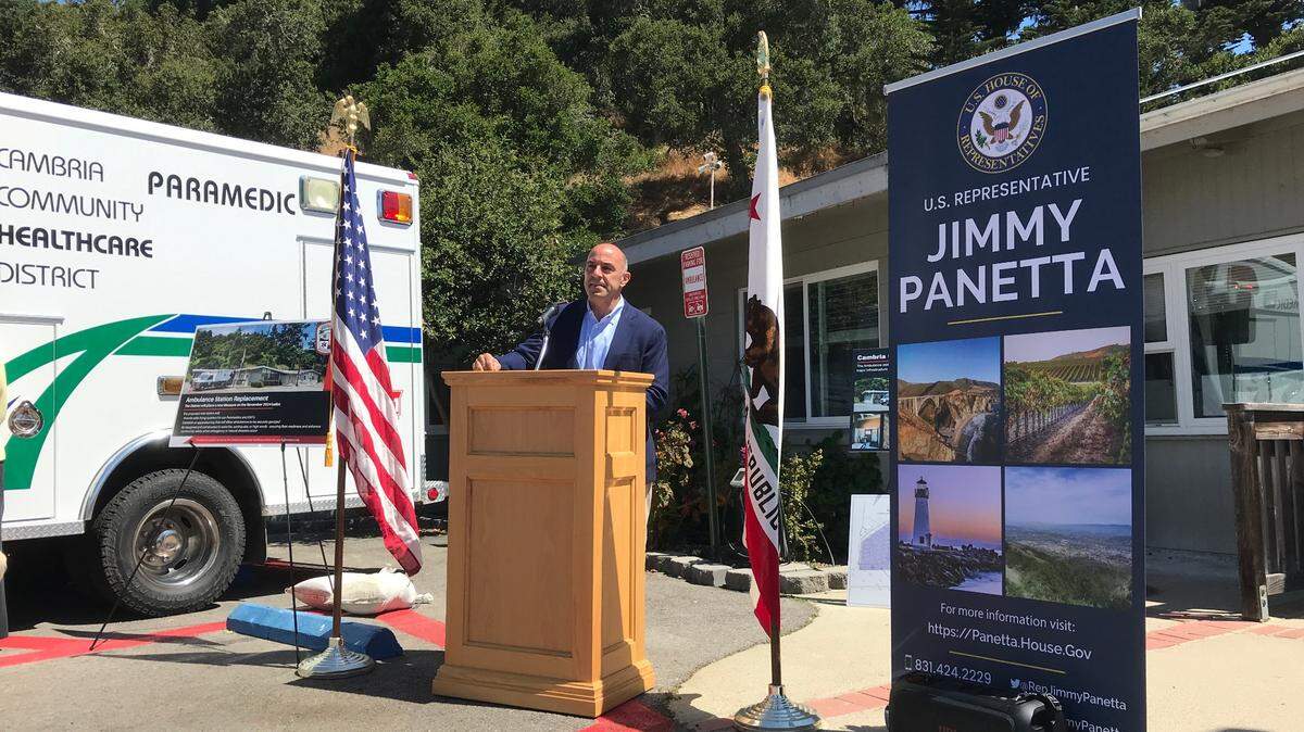 Rep. Jimmy Panetta tells attendees at his press conference for the Cambria Community Healthcare District Wednesday, July 17, 2024, about a $1 million grant he secured toward rebuilding the paramedic housing and ambulance garage behind him. He stressed the importance of the project in the rural community, and the need for partnership, saying the community’s approval of a $5.9 million bond measure in November is crucial to make the project happen.