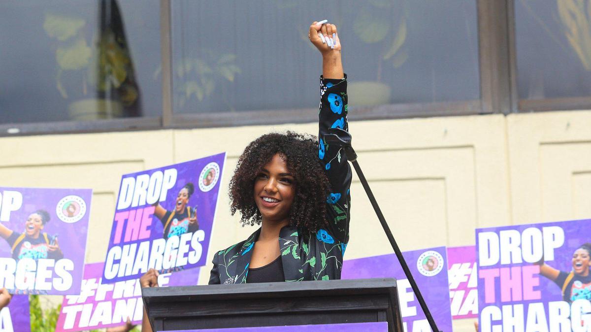 Tianna Arata responds to the crowd while speaking during a rally Tuesday, Aug. 25, 2020, at the courthouse in San Luis Obispo. The national Black Lives Matter organization held the event in support of Arata, calling for Dan Dow to drop the criminal case against the 20-year-old activist.