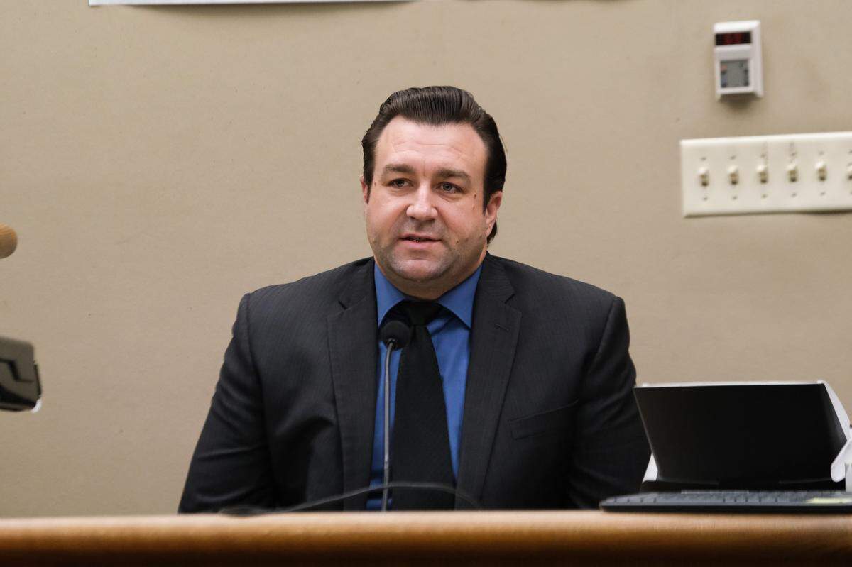 San Luis Obispo Police Department Sgt. Joseph Hurni testifies in the murder case against Marco Antonio Cota Jr. in San Luis Obispo Superior Court on Feb. 1, 2024. He is accused of killing Rick Fowler and jamming sticks into his body on Nov. 20, 2021.
