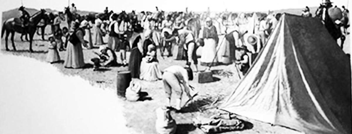 A recreation of the De Anza expedition making camp near Mission San Luis Obispo in 1776. “It Resembled a traveling town.”