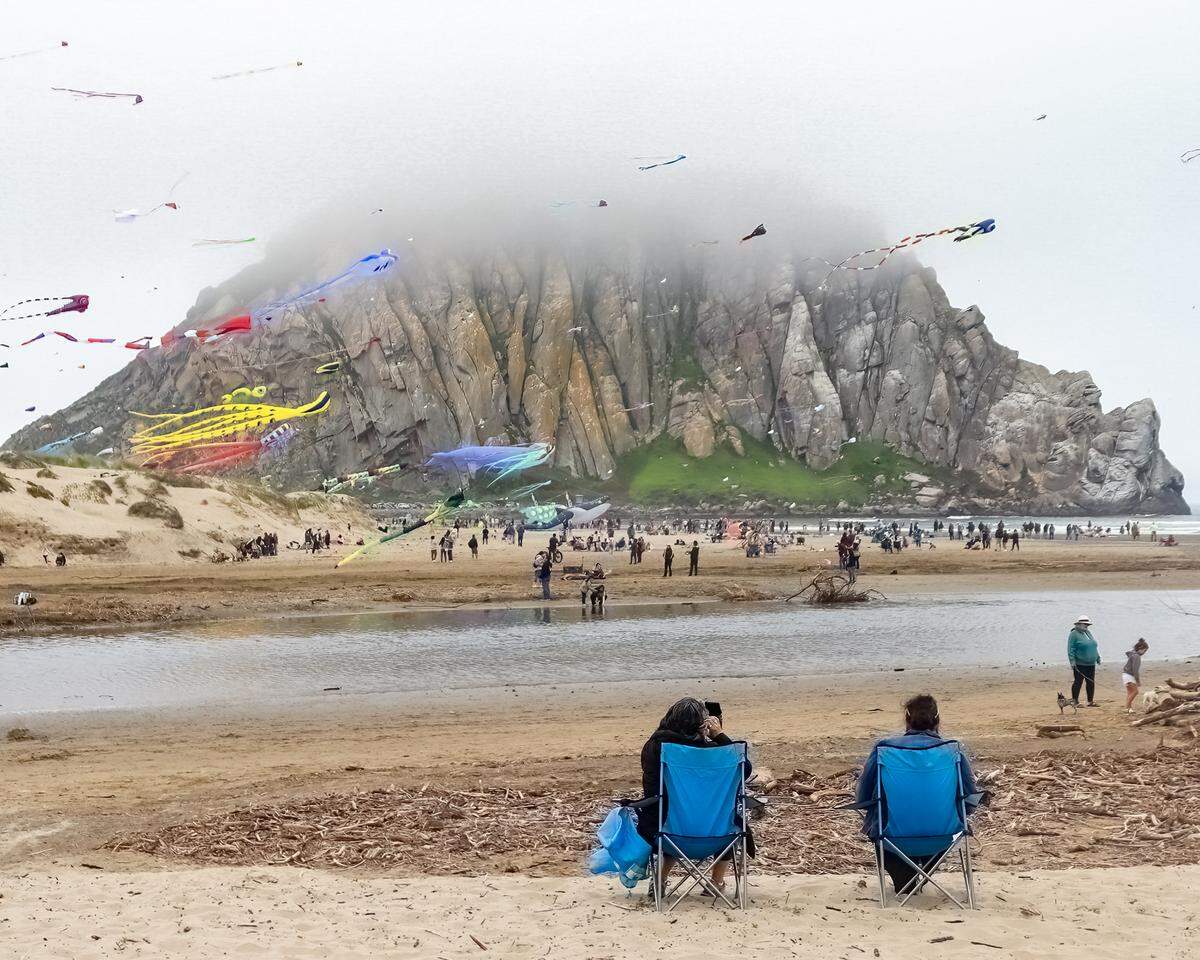 Thousands of people turned out for the Morro Bay Kite Festival on Saturday, April 29, 2023, despite fog, barely-there breezes and a storm-fed Morro Bay Creek. The festive two-day event is celebrated annually at Morro Rock Beach.