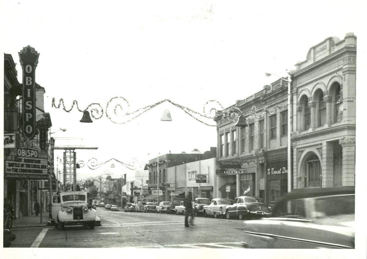 Downtown Monterey Street in San Luis Obispo, JP Andrews building at right in November 1959.