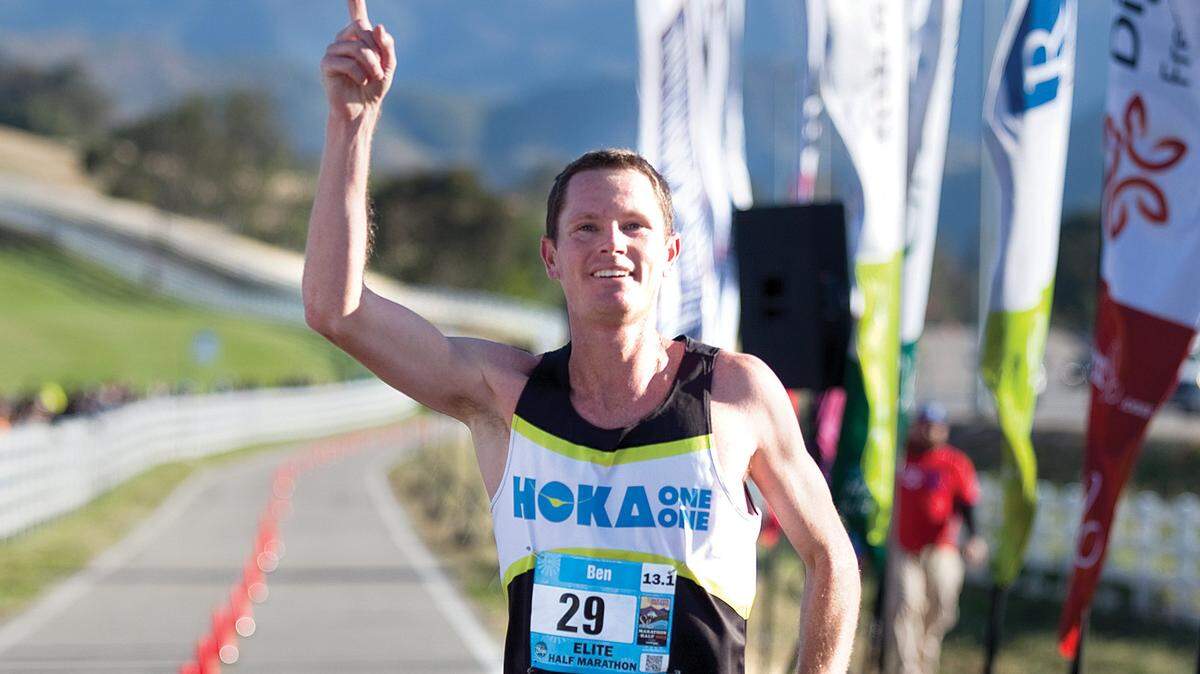 Former Cal Poly grad Ben Bruce finishes first in the SLO Half Marathon with a time of 1:10:55 in 2015. The race was canceled for 2020.