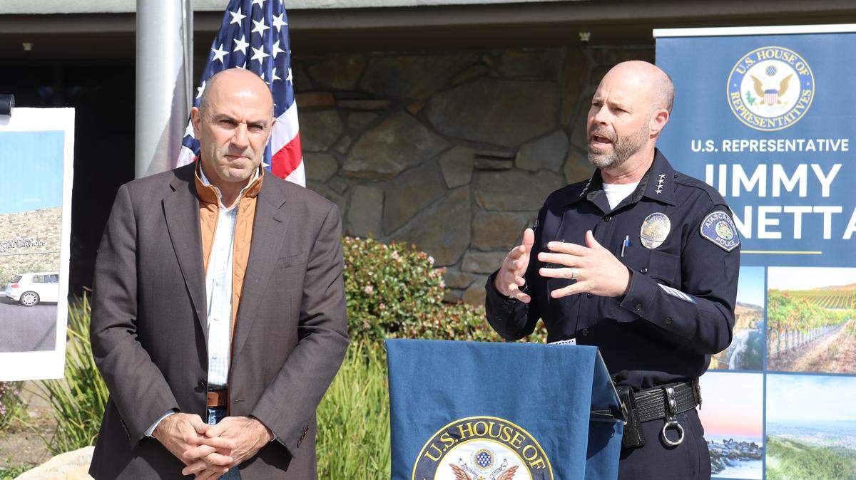 Rep. Jimmy Panetta, left, announced an $850,000 federal grant to the Atascadero Police Department at a news conference with Police Chief Daniel B. Suttles on Feb. 18, 2026, to help remodel the city’s old police station.