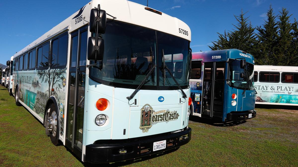 Hearst Castle’s Silverado Stages buses sit idle on Monday after the contractor shut down operations over the weekend.