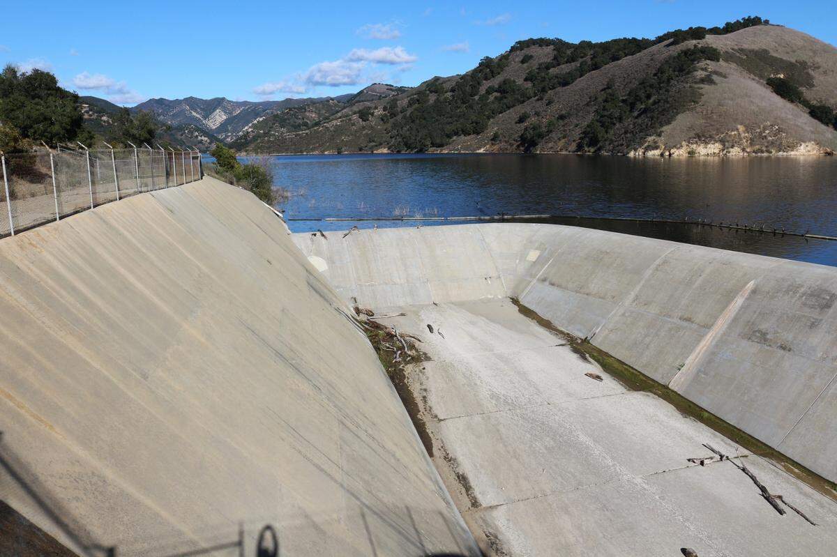 Lopez Lake sat about 2 feet below the top of its spillway on Jan. 5, 2024.