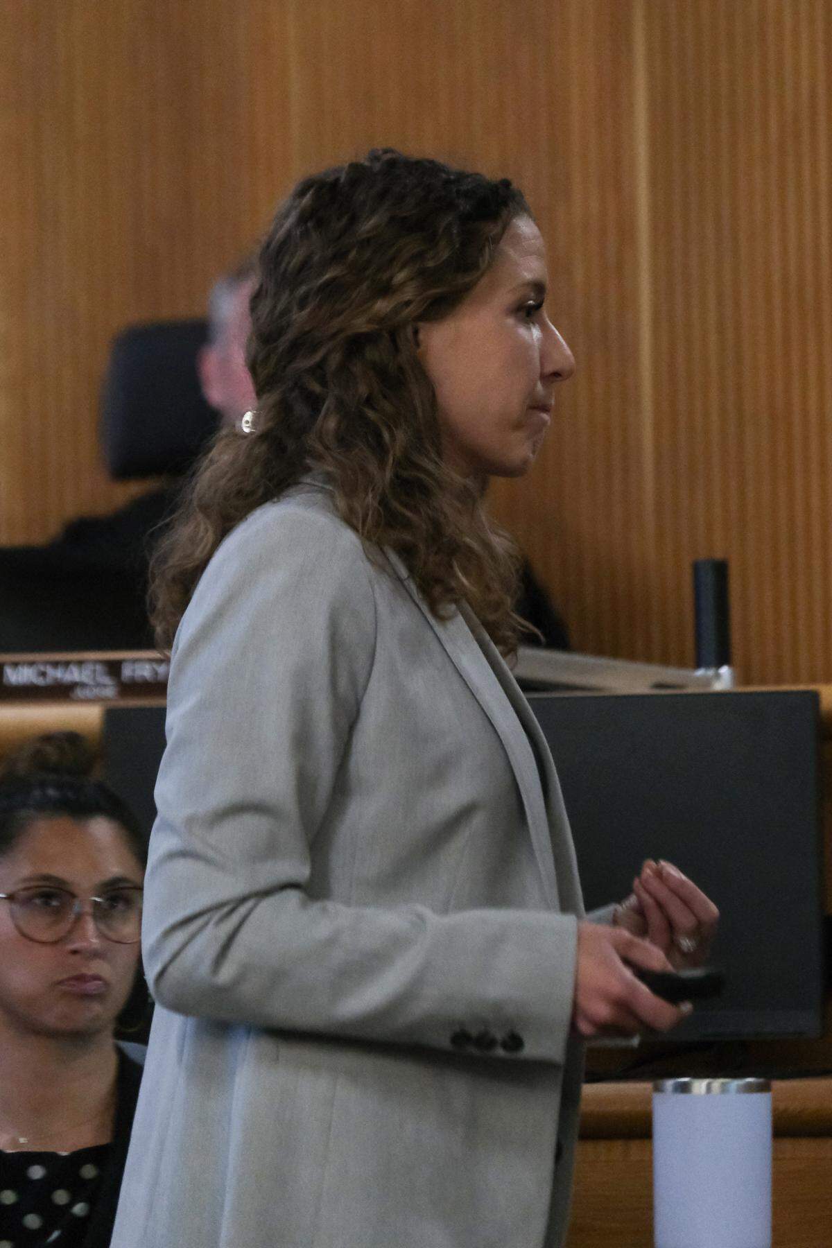 San Luis Obispo County Deputy District Attorney Ashley Cervera gives jurors her closing arguments in the case against Christopher Winters, on March 25, 2024. Winters is accused of driving the second car to run over Steve Leon on July 3, 2021. Leon died of his injuries.