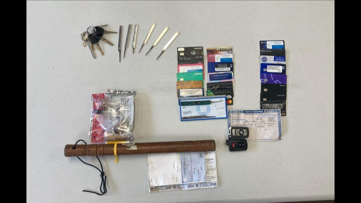 Barstow residents Chrustopher Mongenel, 43, and Anna Applegate, 39, were arrested Thursday in Arroyo Grande for arrested for alleged possession of a billy club, possession of a controlled substance, possession of narcotic paraphernalia and possession of burglary tools, along with alleged possession and theft of identifying information of 10 or more people.