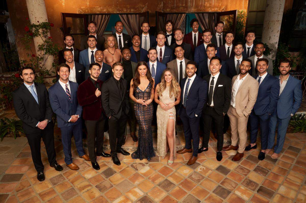 Contestants on ABC’s “The Bachelorette” include Cal Poly graduate Zach Shallcross, pictured standing in the second to back row, third from right. He’s seeking romance with stars Gabby Windey and Rachel Recchia, center front.
