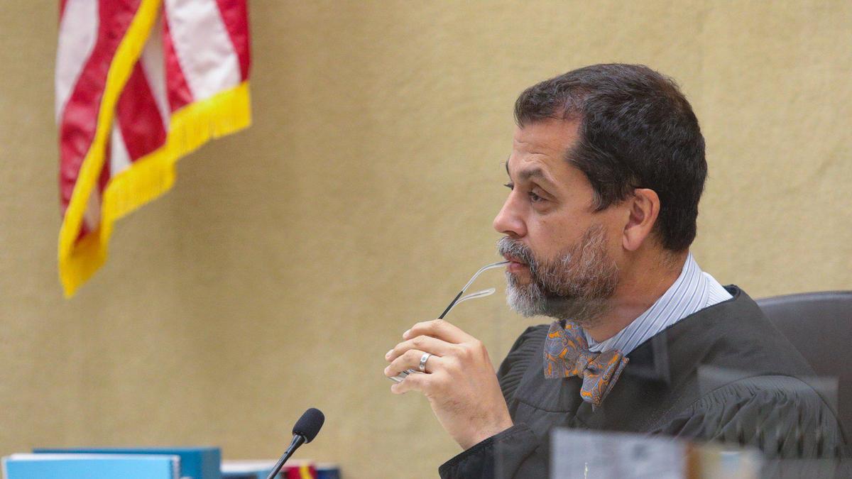 San Luis Obispo Superior Court Judge Matthew Guerrero listens to arguments on Thursday, Dec. 10, 2020. Motions were heard in the case against Black Lives Matter activist Tianna Arata and three co-defendents related to a racial justice march that blocked Highway 101.