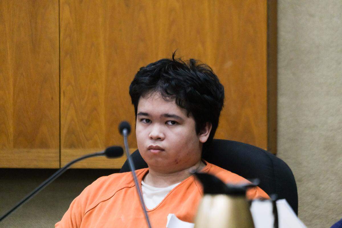 Cal Poly student Charles Hojaboom sits during his preliminary hearing in San Luis Obispo Superior Court on Feb. 3, 2025. San Luis Obispo Superior Court Judge Catherine Swysen ruled there was enough evidence for Hojaboom to face trial after he allegedly shot guns on Cal Poly’s campus multiple times.