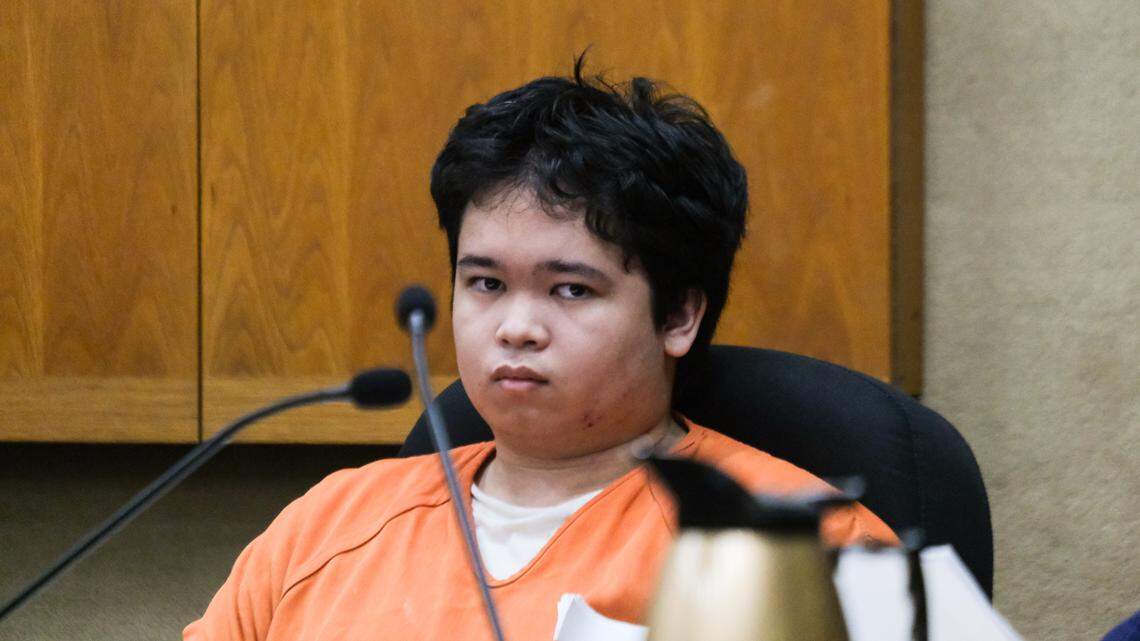 Cal Poly student Charles Hojaboom sits during his preliminary hearing in San Luis Obispo Superior Court on Feb. 3, 2025. San Luis Obispo Superior Court Judge Catherine Swysen ruled there was enough evidence for Hojaboom to face trial after he allegedly shot guns on Cal Poly’s campus multiple times.