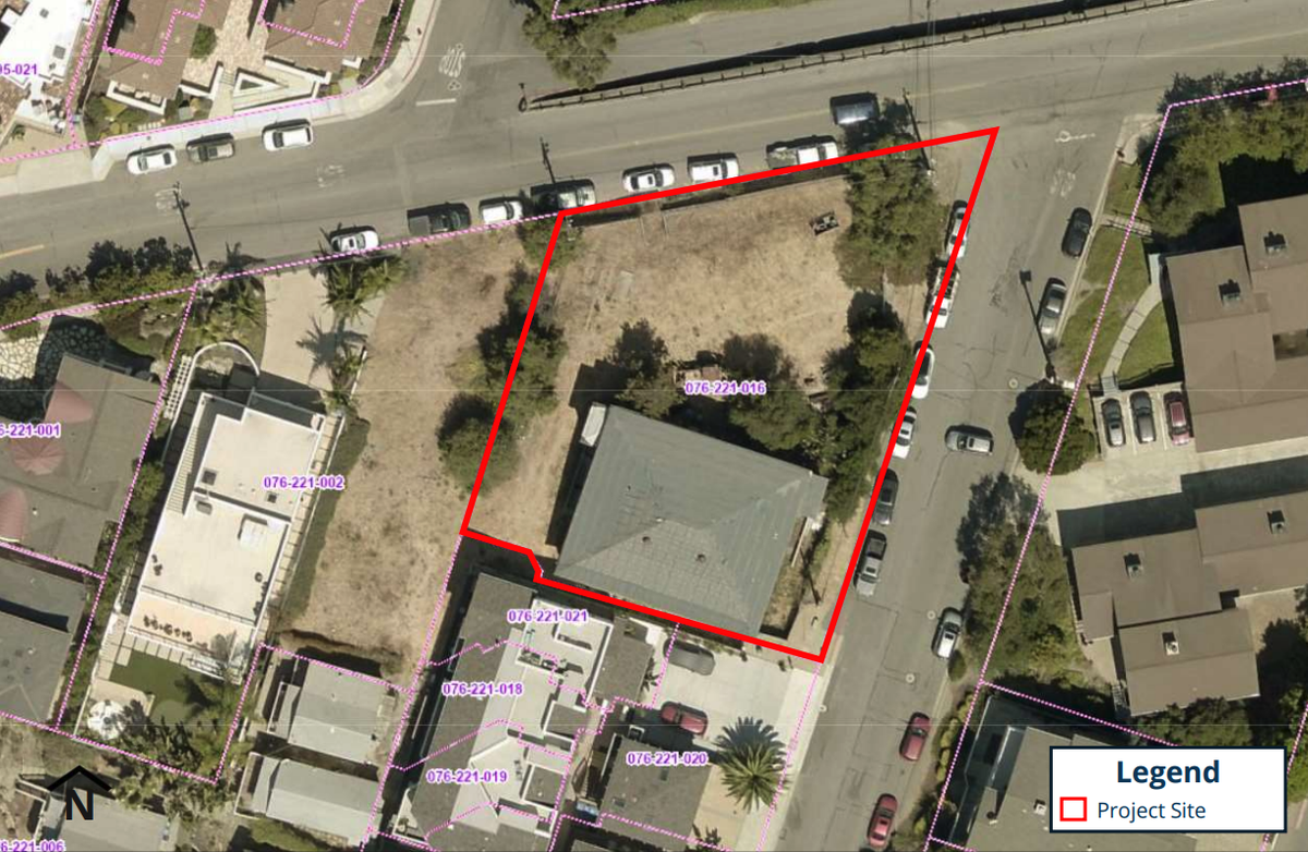 An overhead view of the Avila Schoolhouse shows where the property’s lot line lies at 190 San Antonia St. The renovation of the 112-year-old schoolhouse into a bed and breakfast was approved by the San Luis Obispo Planning Commission on Thursday, July 24, 2025.