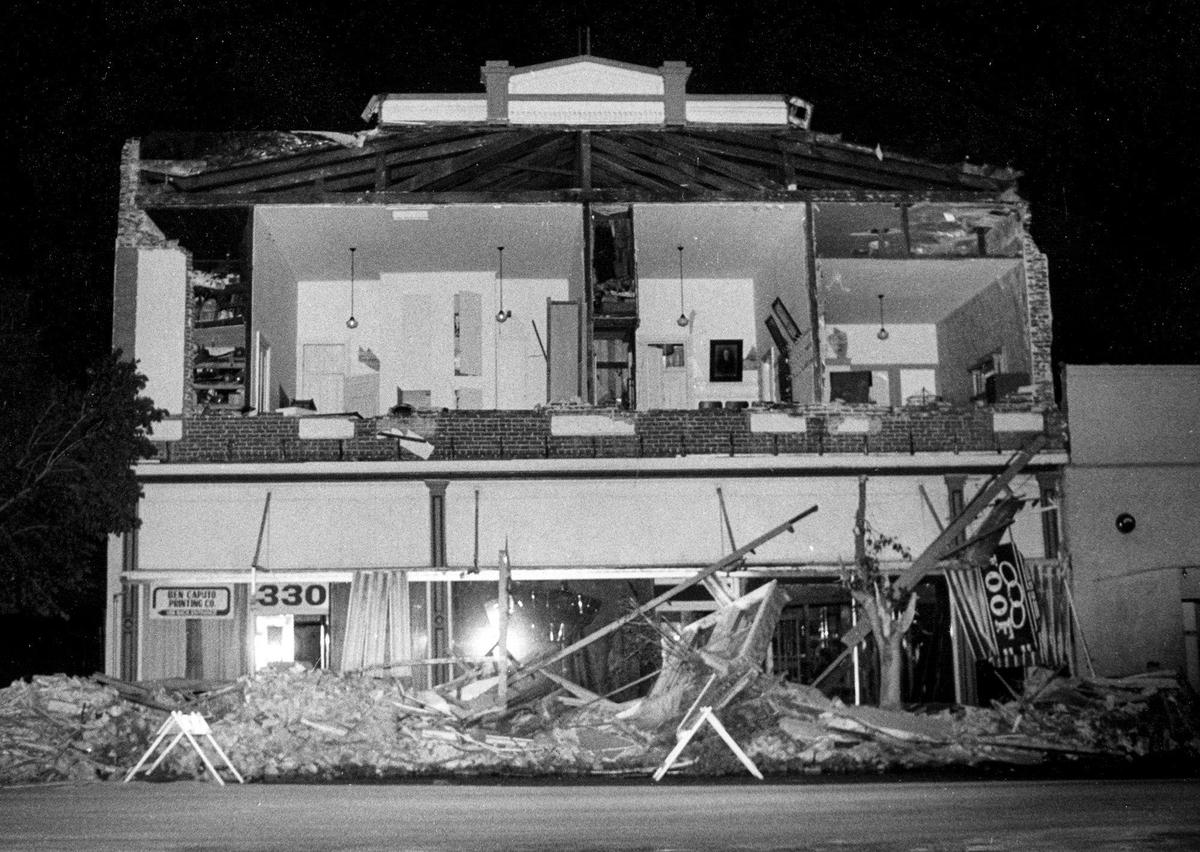 Damage in Hollister to the Oddfellows Hall in the wake of the Loma Prieta Earthquake. About 10 people were in the building when the front of the masonry building collapsed into the street. Fortunately no one was in the street in front of the building Oct. 17, 1989..