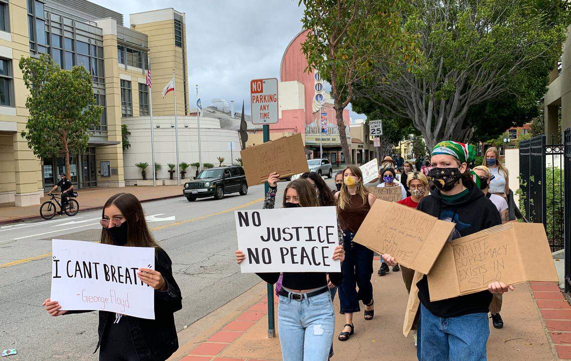 Five days after the death of George Floyd in Minneapolis, a small number of marchers walked in San Luis Obispo on May 30, 2020.