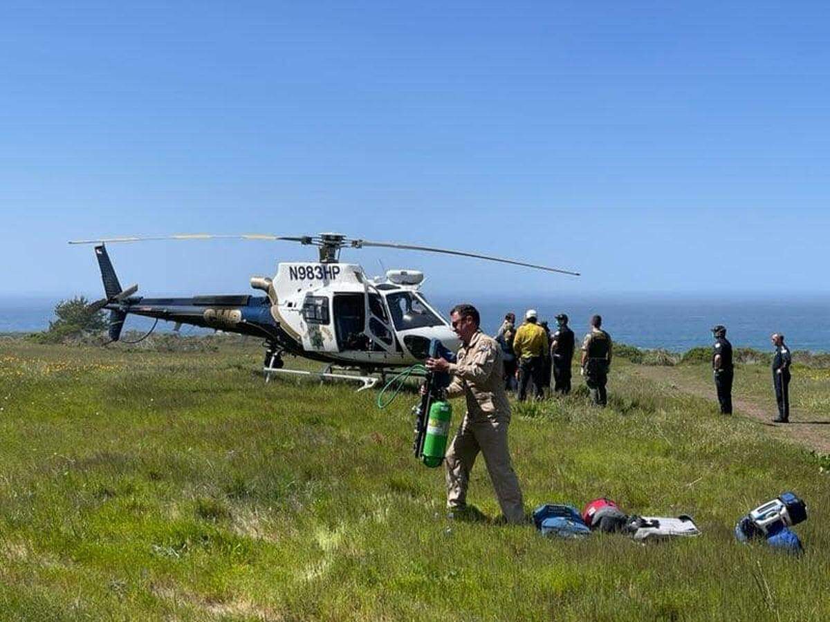 The CHP’s H-70 helicopter rescued a person who had fallen on the rocks at Sand Dollar Beach on Wednesday, April 6, 2022.