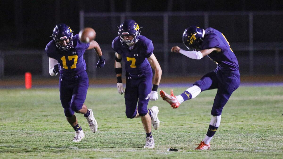 From the left on kickoff are Brody Bottini, Lucas Szalonek and Josue Lopez. Arroyo Grande fell to Lompoc 42-37 in a hard-fought Mountain League football opener on Sept. 16, 2022.Lompoc visited Arroyo Grande for a Mountain League football game.