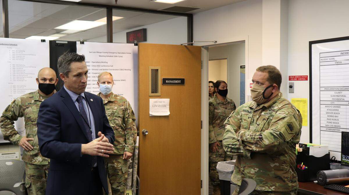 San Luis Obispo County Emergency Services Director, Wade Horton, left, with U.S. Army Major General David S. Baldwin in the county Emergency Operations Center April 29, 2020 during the COVID-19 pandemic.