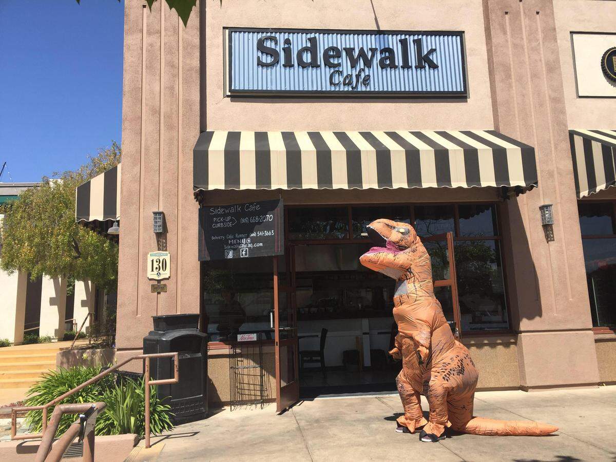 Kacey Collins, co-owner of the Sidewalk Cafe in Arroyo Grande, spent part of Saturday in an inflatable dinosaur costume, bringing cheer to the rest of the Village.