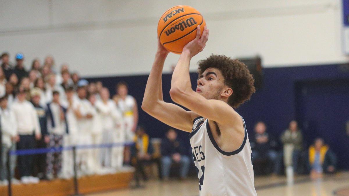 Adam Silmon shoots in Arroyo Grande’s 60-40 win over Dinuba in the Division 2 Central Section semifinals for boys basketball on Feb. 22, 2023.
