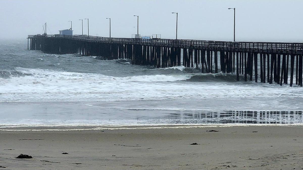 Gale force winds and storm surge waves buffet the Avila Beach Pier. The National Weather Service issued a high surf advisory for beaches in San Luis Obispo and Santa Barbara counties.