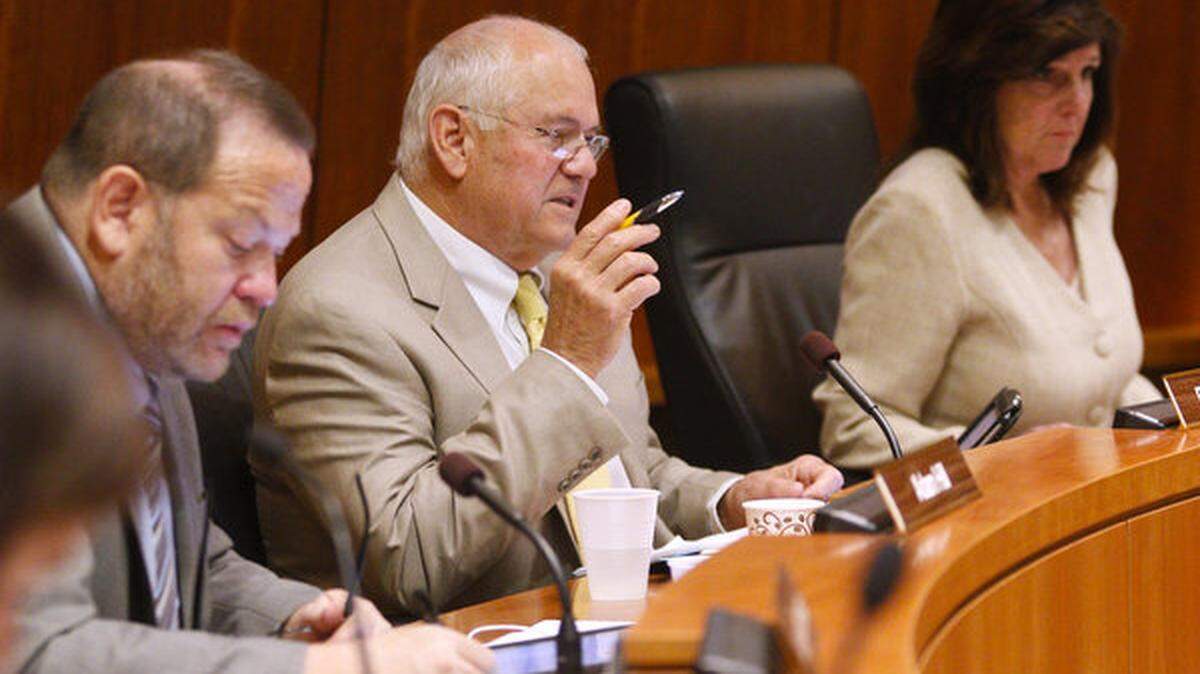 From left, supervisors Adam Hill, Frank Mecham and Debbie Arnold ask questions of staff during a May hearing on the proposed Las Pilitas quarry.