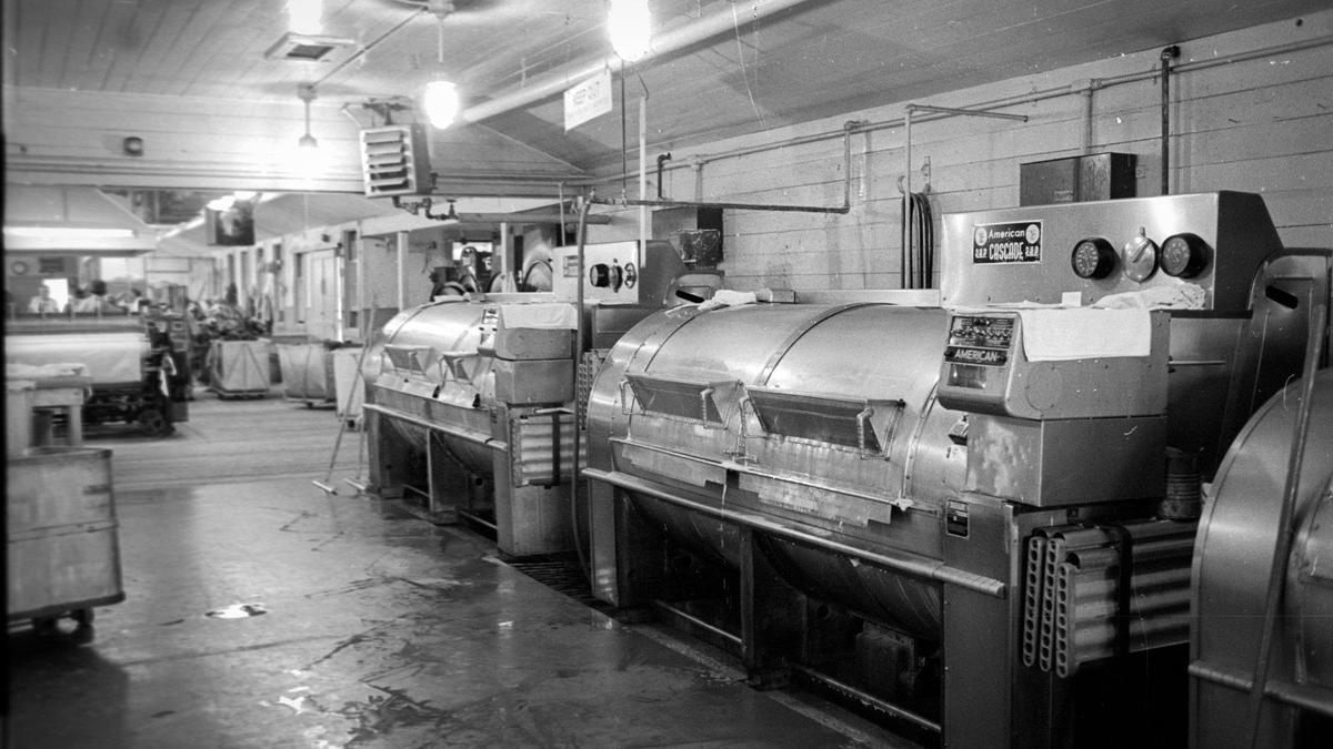 Commercial laundry machine is part of the facility’s laundry — on of the industrys that helps provide for the needs of the institution. California Mens Colony West facility tour on Dec. 2, 1970.
