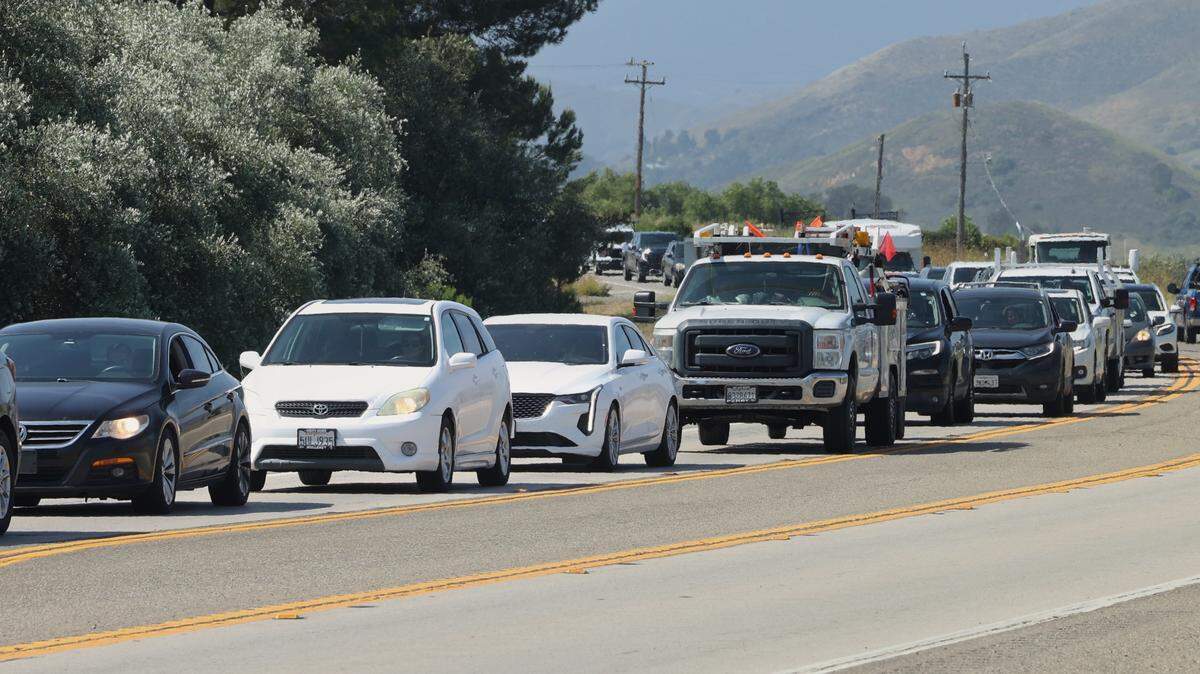 Traffic was stalled on Highway 227 in San Luis Obispo County due to Caltrans traffic control on May 1, 2026.