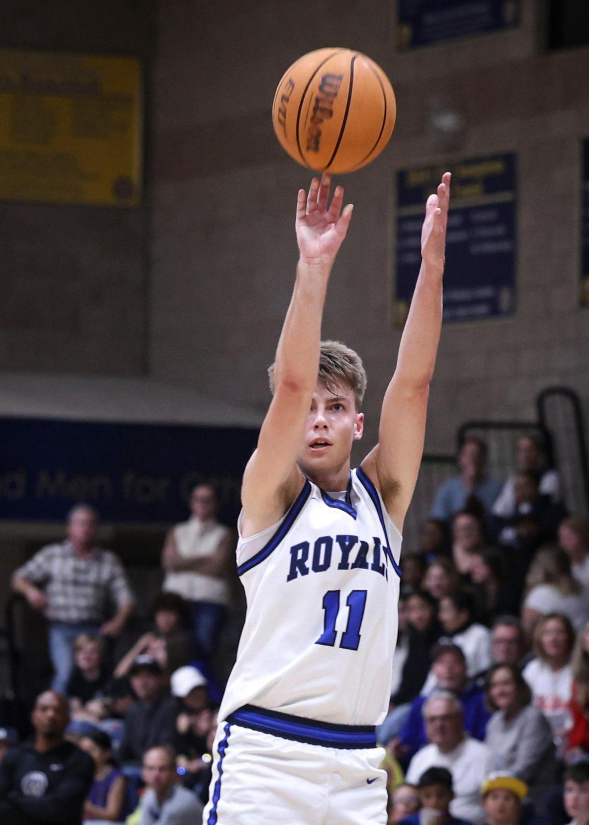 Roman Benedetti shoots a three. Mission Prep beat Frontier 67-55 on Feb. 21, 2025, to advance to the Division 2 CIF Central Section basketball final.
