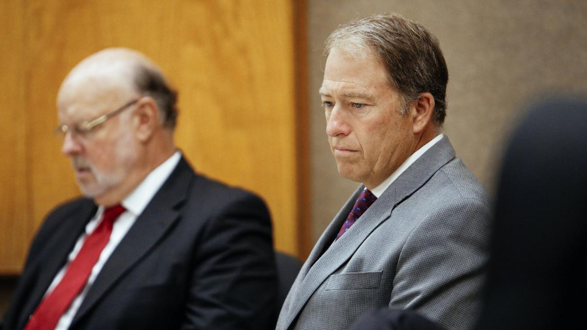 Christopher Skiff, right, owner of the Manse on Marsh assisted living facility in San Luis Obispo, sits next to his attorney Bob Sanger while in court for a motion to dismiss the felony elder abuse and manslaughter charges against him and Gary Potts, the former administrator for the facility, related to the death of 65-year-old Manse on Marsh resident Mauricio Edgar Cardenas, who was hit by a car while walking in 2014.
