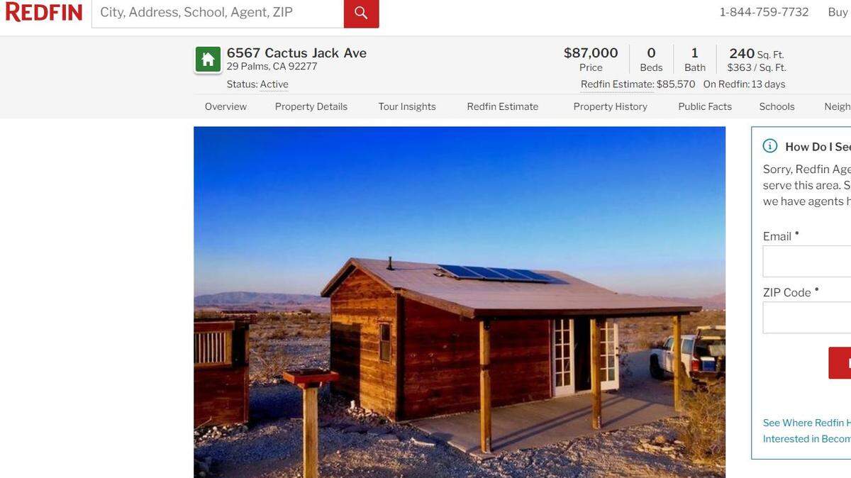 A tiny homesteader cabin in Twentynine Palms, California, close to Joshua Tree National Park, is listed at $87,000, with sellers asking for cash only.