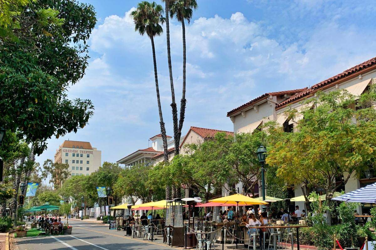 Downtown State Street in Santa Barbara features outdoor restaurant dining in the street, a response to the coronavirus pandemic and the restrictions on indoor service.