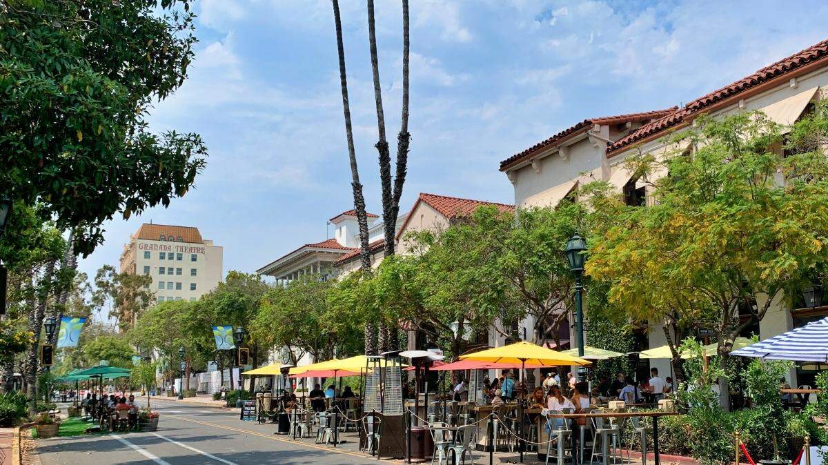 Downtown State Street in Santa Barbara features outdoor restaurant dining in the street, a response to the coronavirus pandemic and the restrictions on indoor service.