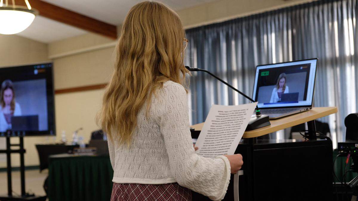 Holland Ruiz, a fourth-grader at Teach Elementary in San Luis Obispo, spoke to the school board about library staffing on May 19, 2026.