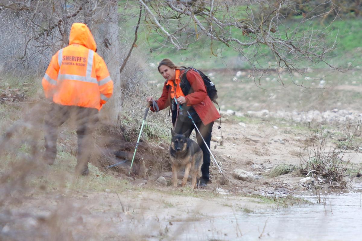 A German shepherd was deployed to help in the search for 5-year-old Kyle Doan, who was swept away by floodwaters in San Miguel on Monday.