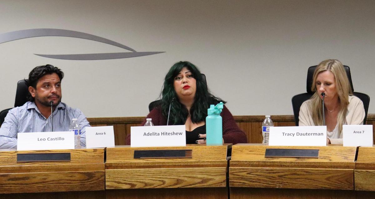 Paso Robles school board candidates Leo Castillo (left), Adelita Hiteshew (middle) and Tracy Dauterman (right), discussed the importance of parental engagement at an election forum on Monday, Oct. 14, 2024.