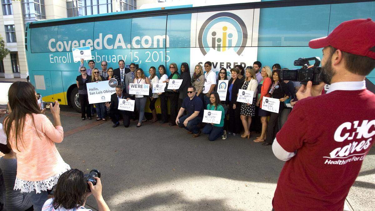 The Covered California tour bus pulled into San Luis Obispo on Monday as part of a publicity tour to inform the public how to sign up for health insurance.