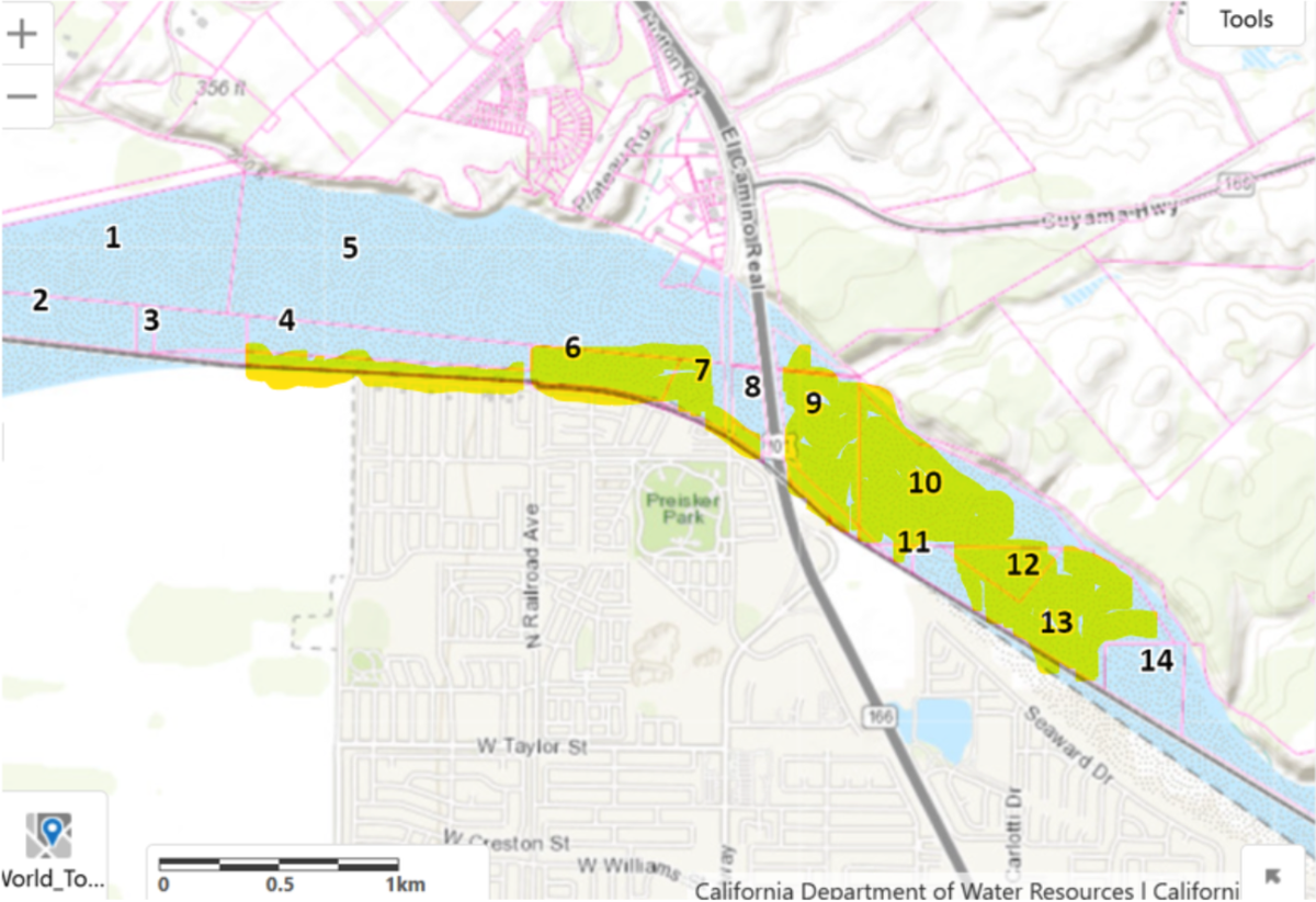 A map shows where the county line between San Luis Obispo and Santa Barbara counties lie. Highlighted yellow parcels are within San Luis Obispo County’s jurisdiction but are privately owned.