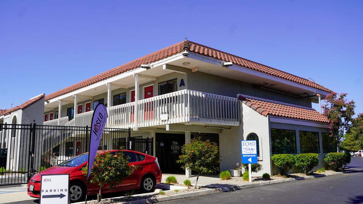 The Paso Homekey housing complex occupies the former Motel 6 on Black Oak Drive in Paso Robles. Oct. 3, 2023. It offers 28 rooms of emergency shelter space and 60 permanent supportive units of affordable housing.