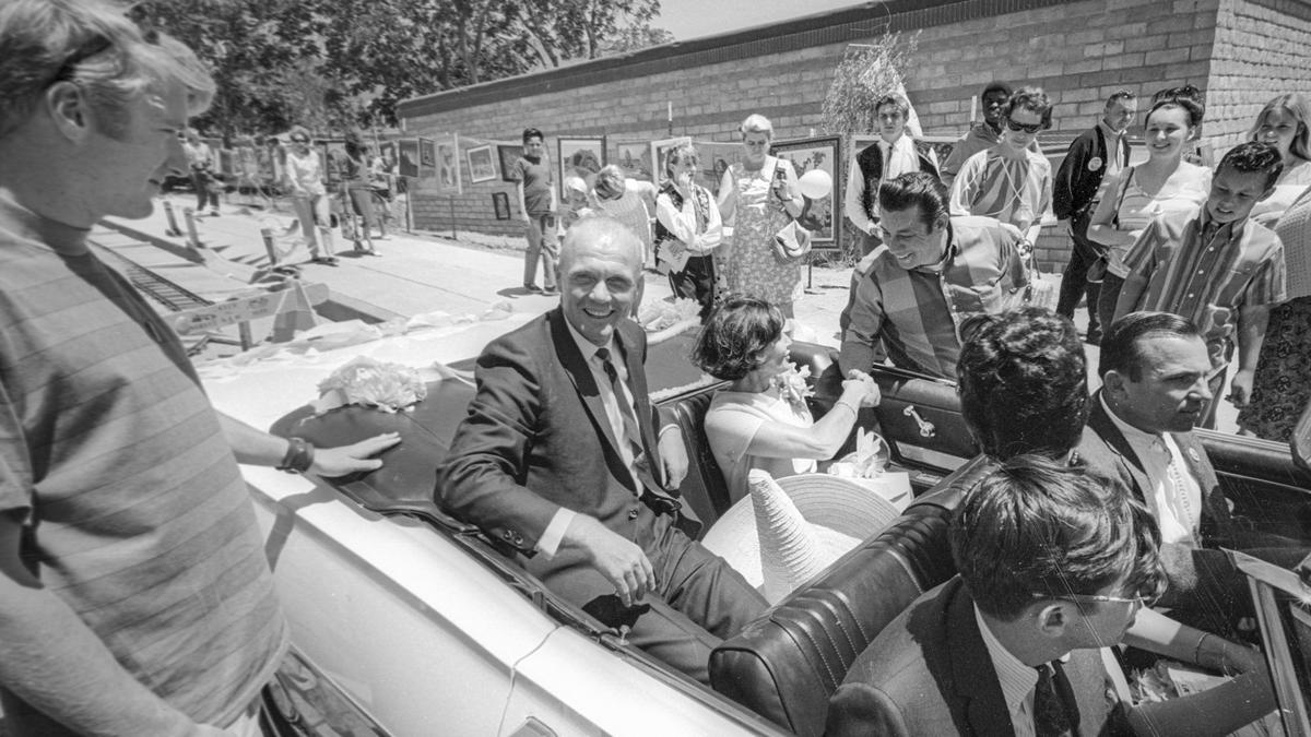 John Glenn and wife Annie visit San Luis Obispo on May 18, 1968 during La Fiesta. The former astronaut spoke from the side of Mission San Luis Obispo de Tolosa to a crowd on Monterey Street as he campaigned for Robert F. Kennedy’s presidential bid.