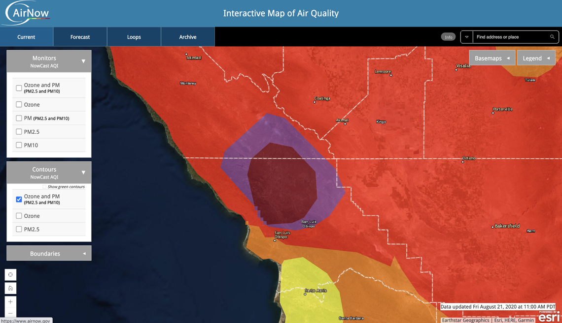 The map airnow.gov shows a mass of hazardous air sitting over the North County on Friday. Air quality index levels reached as high as 429 at Lake Nacimiento at noon.
